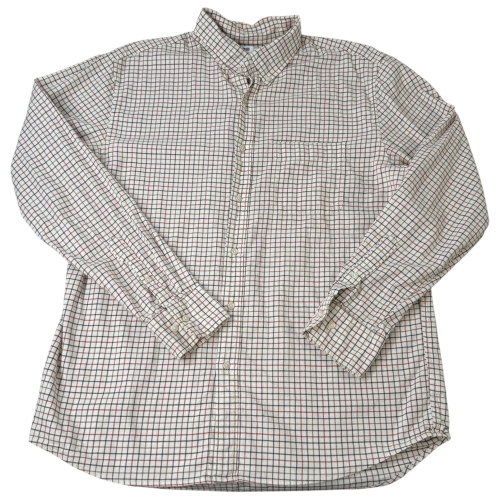 Uniqlo Mens Large Flannel Button Down Shirt Cream Brown Red Plaid 100% Cotton